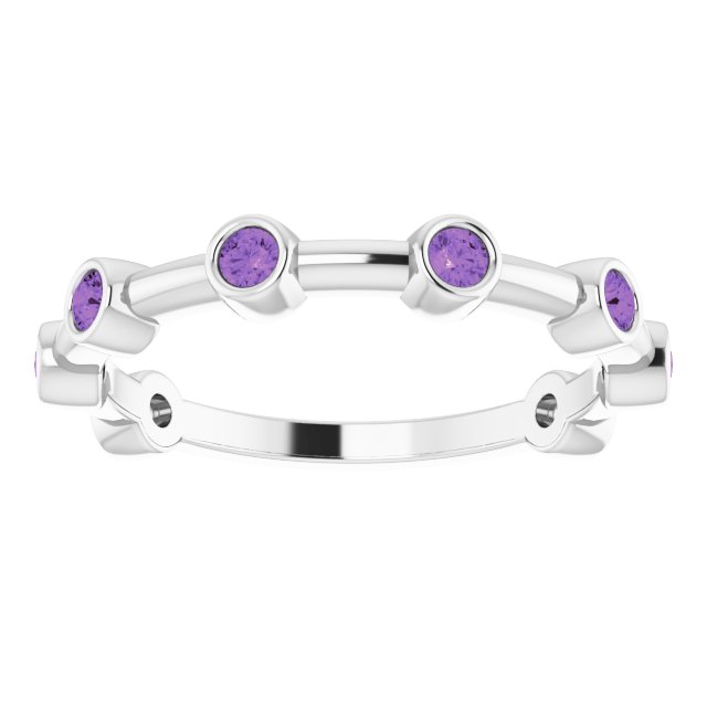 14K Gold Round Natural Amethyst Bezel-Set Bar Ring - White Gold - view 5