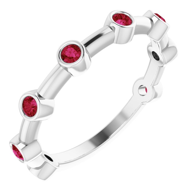 14K Gold Round Natural Ruby Bezel-Set Bar Ring - White Gold