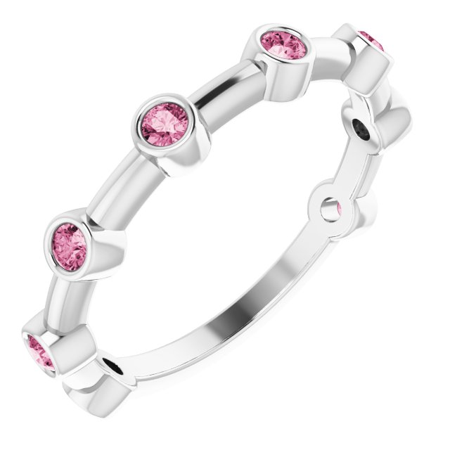 14K Gold Round Natural Pink Tourmaline Bezel-Set Bar Ring - White Gold