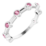 Platinum Round Natural Pink Tourmaline Bezel-Set Bar Ring
