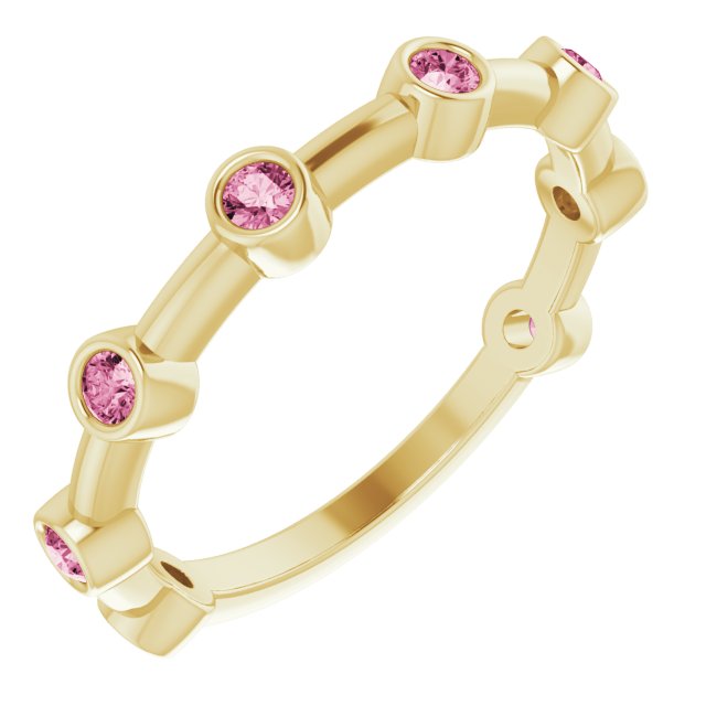 14K Gold Round Natural Pink Tourmaline Bezel-Set Bar Ring - Yellow Gold