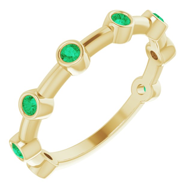 14K Gold Round Natural Emerald Bezel-Set Bar Ring - Yellow Gold
