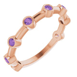14K Gold Round Natural Amethyst Bezel-Set Bar Ring - Rose Gold