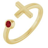 14K Gold Round Natural Ruby Negative Space Cross Ring - Yellow Gold