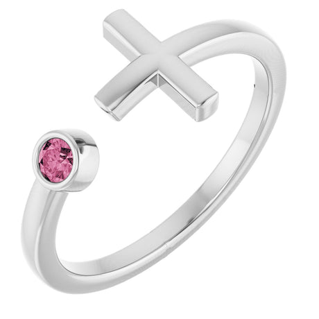Platinum Round Natural Pink Tourmaline Negative Space Cross Ring
