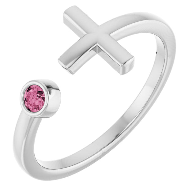 14K Gold Round Natural Pink Tourmaline Negative Space Cross Ring - White Gold