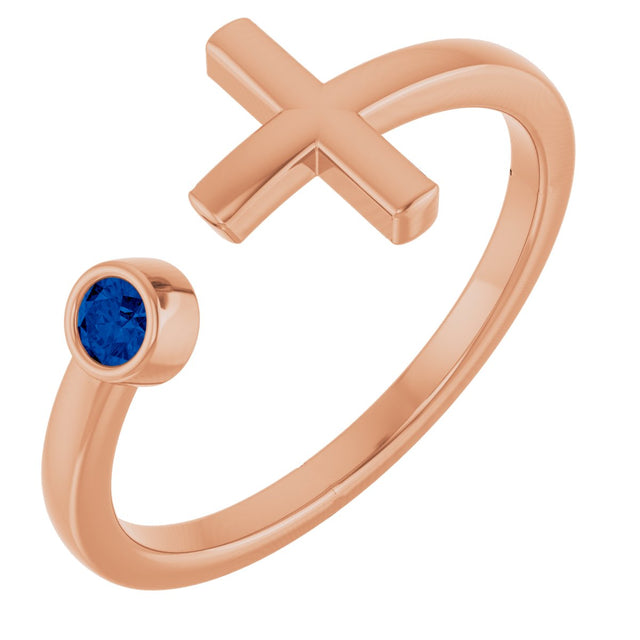 14K Gold Round Natural Blue Sapphire Negative Space Cross Ring - Rose Gold