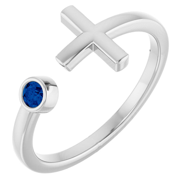 Platinum Round Natural Blue Sapphire Negative Space Cross Ring