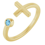 14K Gold Round Natural Aquamarine Negative Space Cross Ring - Yellow Gold
