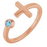 14K Gold Round Natural Aquamarine Negative Space Cross Ring - Rose Gold