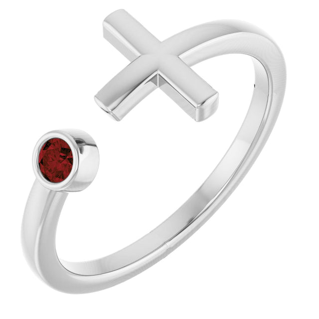 Platinum Round Natural Mozambique Garnet Negative Space Cross Ring