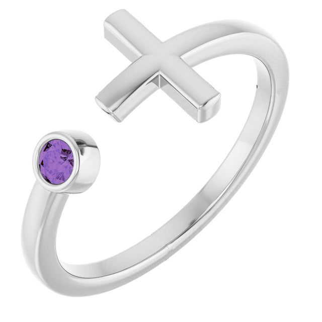 14K Gold Round Natural Amethyst Negative Space Cross Ring - White Gold