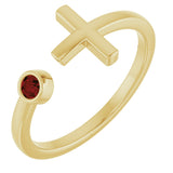 14K Gold Round Natural Mozambique Garnet Negative Space Cross Ring - Yellow Gold