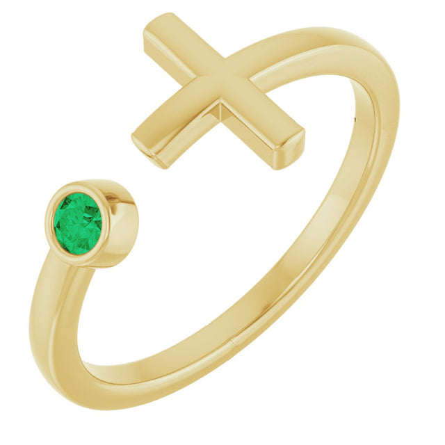 14K Gold Round Lab-Grown Emerald Negative Space Cross Ring - Yellow Gold