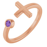 14K Gold Round Natural Amethyst Negative Space Cross Ring - Rose Gold