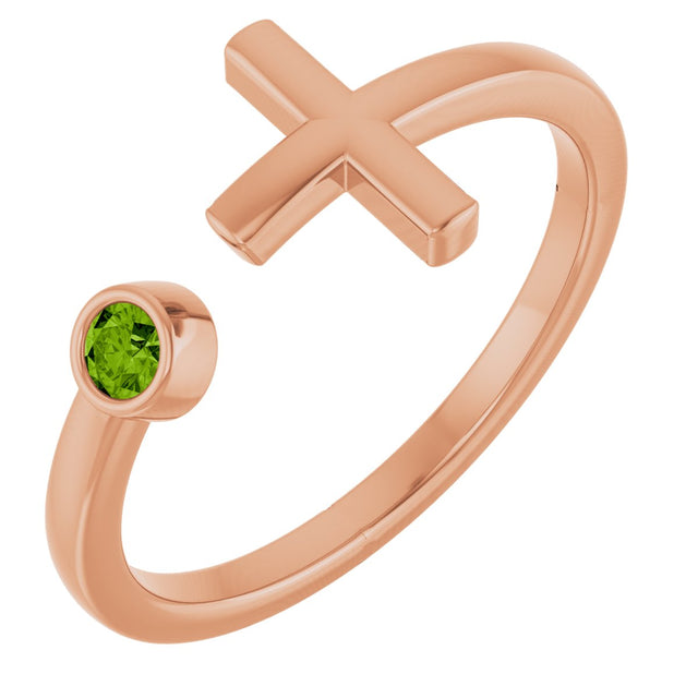 14K Gold Round Natural Peridot Negative Space Cross Ring - Rose Gold