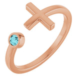 14K Gold Round Natural Blue Zircon Negative Space Cross Ring - Rose Gold