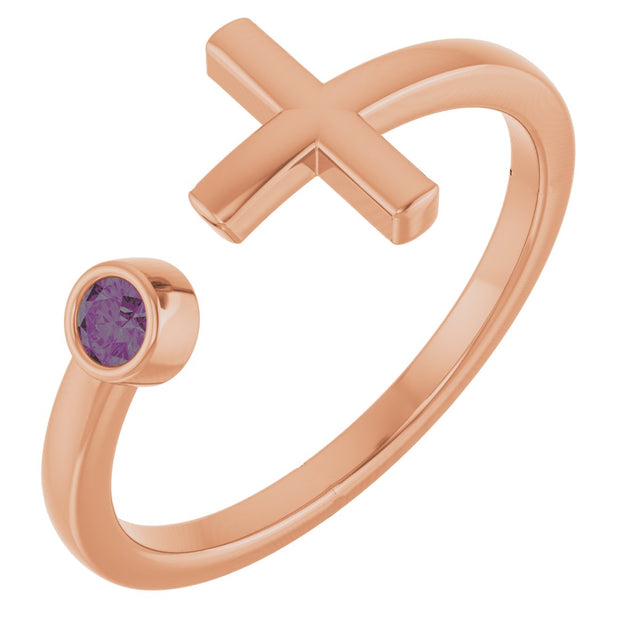 14K Gold Round Natural Alexandrite Negative Space Cross Ring - Rose Gold