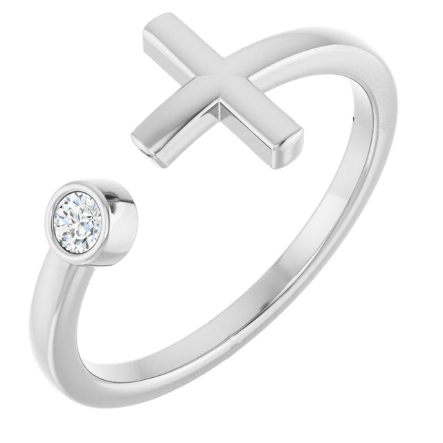 14K Gold Round Natural Diamond Negative Space Cross Ring – 2.5mm Stones - White Gold