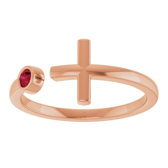 14K Gold Round Lab-Grown Ruby Negative Space Cross Ring - Rose Gold - view 3