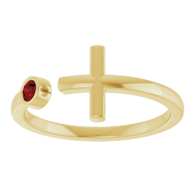 14K Gold Round Natural Mozambique Garnet Negative Space Cross Ring - Yellow Gold - view 3