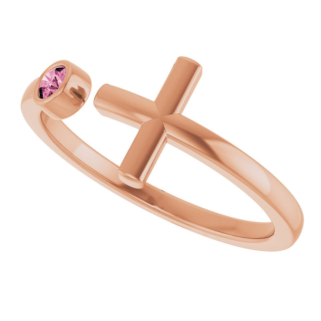 14K Gold Round Natural Pink Tourmaline Negative Space Cross Ring - Rose Gold - view 5