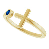 14K Gold Round Lab-Grown Blue Sapphire Negative Space Cross Ring - Yellow Gold - view 5