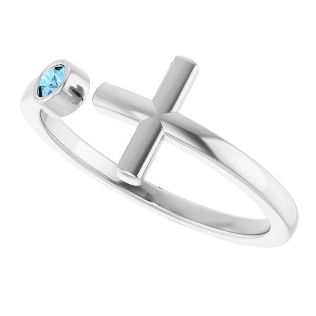 14K Gold Round Natural Aquamarine Negative Space Cross Ring - White Gold - view 5