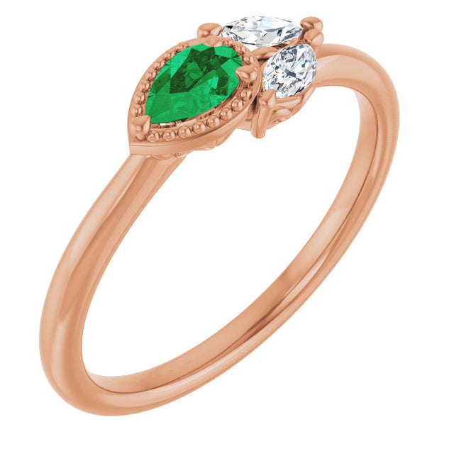 14K Gold Pear Natural Emerald Accented Ring - Rose Gold