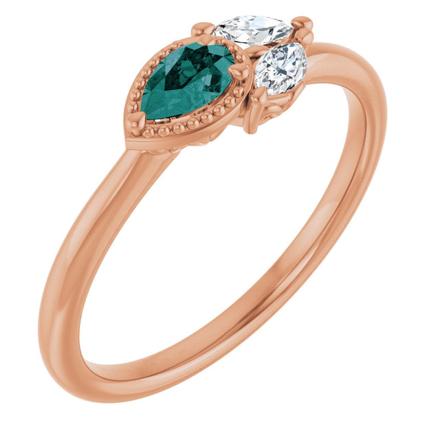 14K Gold Pear Lab-Grown Alexandrite Accented Ring - Rose Gold