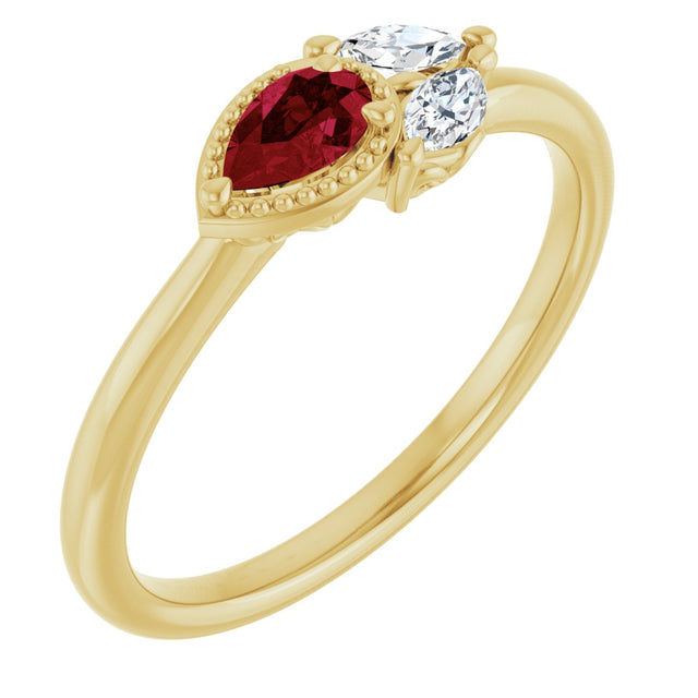 14K Gold Pear Natural Ruby Accented Ring - Yellow Gold