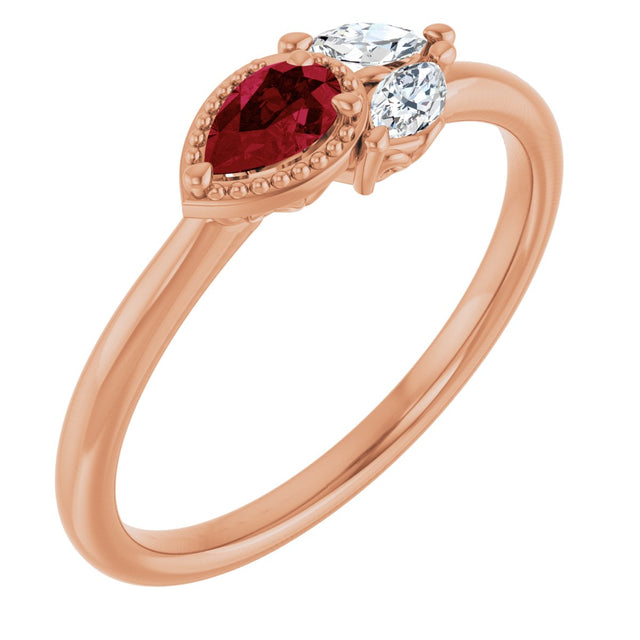 14K Gold Pear Natural Ruby Accented Ring - Rose Gold