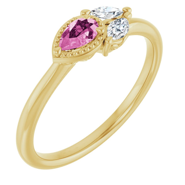 14K Gold Pear Natural Pink Sapphire Accented Ring - Yellow Gold