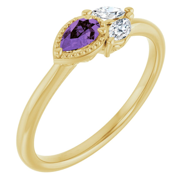 14K Gold Pear Natural Amethyst Accented Ring - Yellow Gold