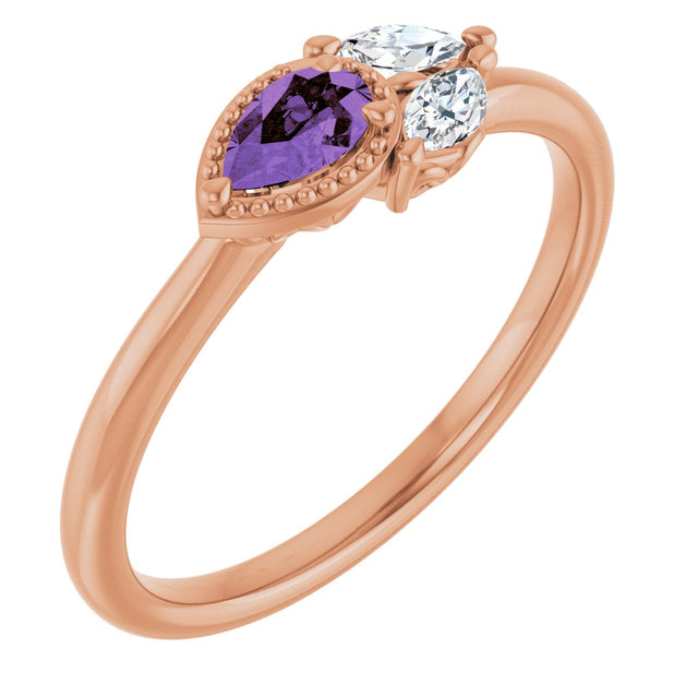 14K Gold Pear Natural Amethyst Accented Ring - Rose Gold