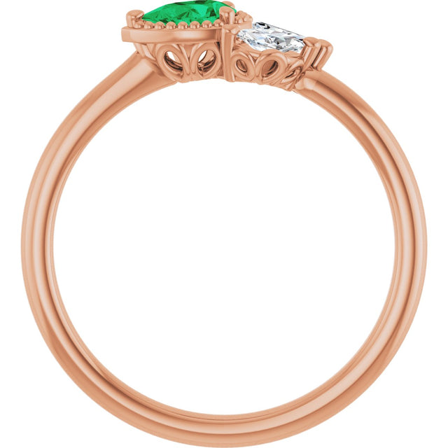 14K Gold Pear Lab-Grown Emerald Accented Ring - Rose Gold - view 2