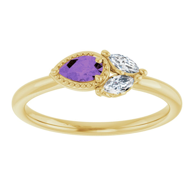 14K Gold Pear Natural Amethyst Accented Ring - Yellow Gold - view 3