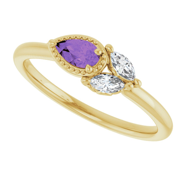 14K Gold Pear Natural Amethyst Accented Ring - Yellow Gold - view 5