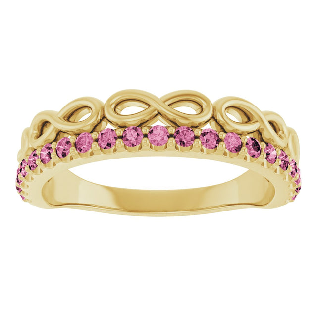 14K Gold Round Natural Pink Tourmaline Infinity-Inspired Stackable Ring - Yellow Gold - view 3