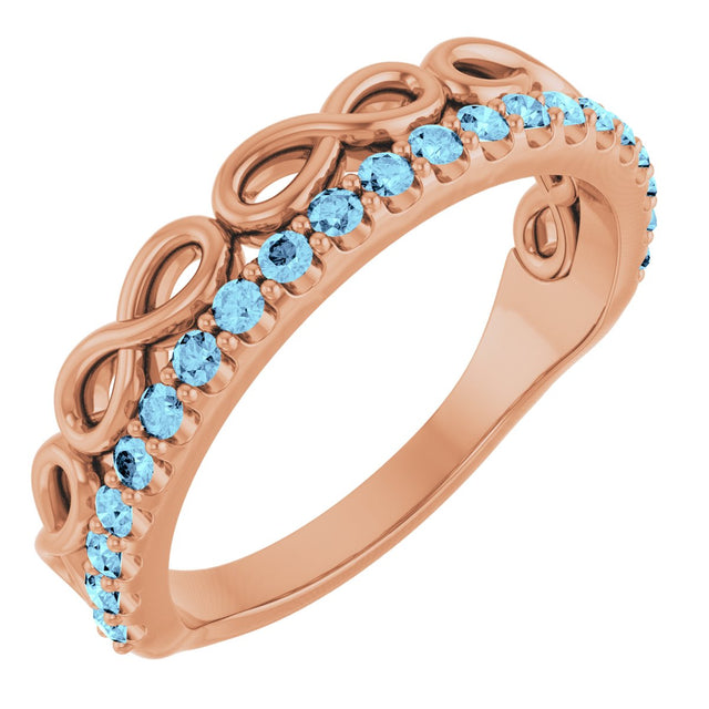 14K Gold Round Natural Aquamarine Infinity-Inspired Stackable Ring - Rose Gold