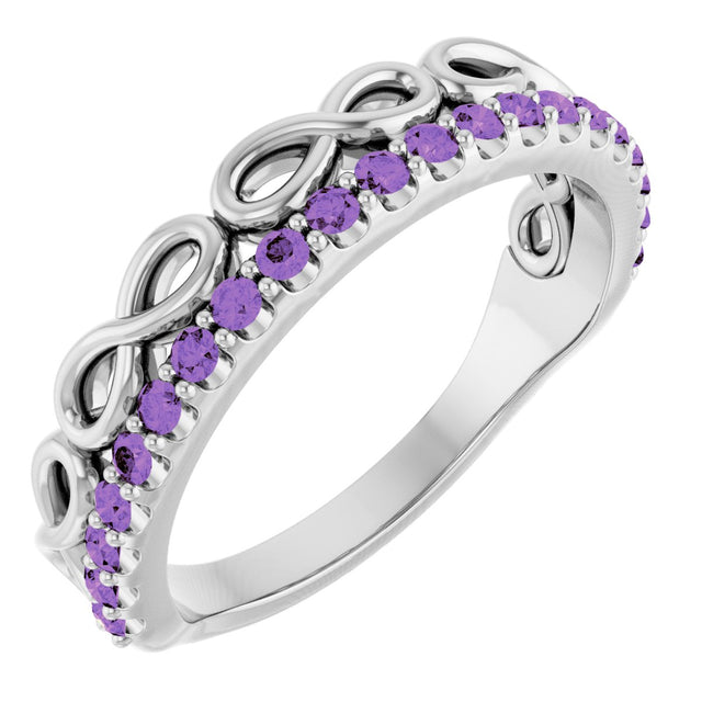 14K Gold Round Natural Amethyst Infinity-Inspired Stackable Ring - White Gold