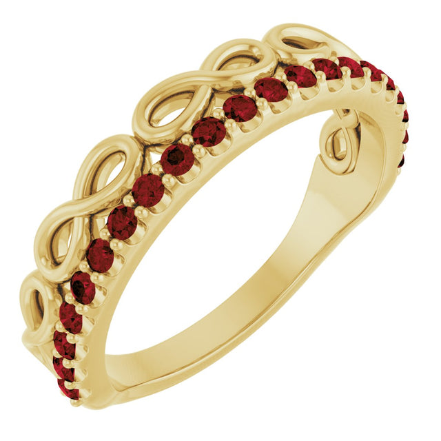 14K Gold Round Natural Mozambique Garnet Infinity-Inspired Stackable Ring - Yellow Gold