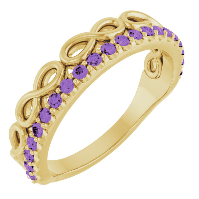 14K Gold Round Natural Amethyst Infinity-Inspired Stackable Ring - Yellow Gold