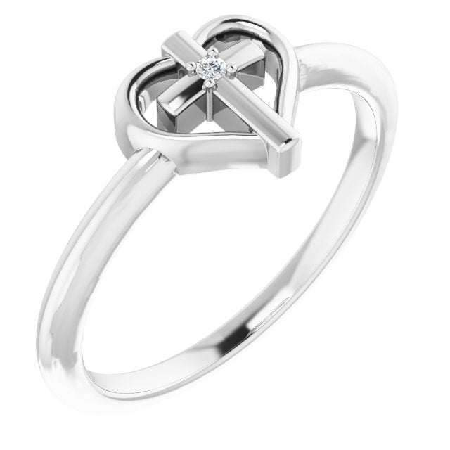 14K Gold Round Natural Diamond Accented Cross & Heart Ring - White Gold