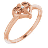 14K Gold Round Natural Diamond Accented Cross & Heart Ring - Rose Gold