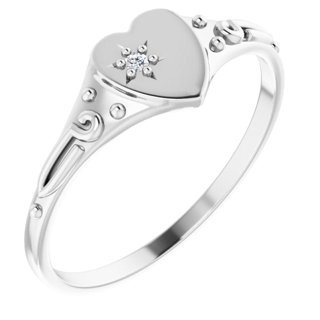 14K Gold Round Natural Diamond Youth Heart Ring - White Gold