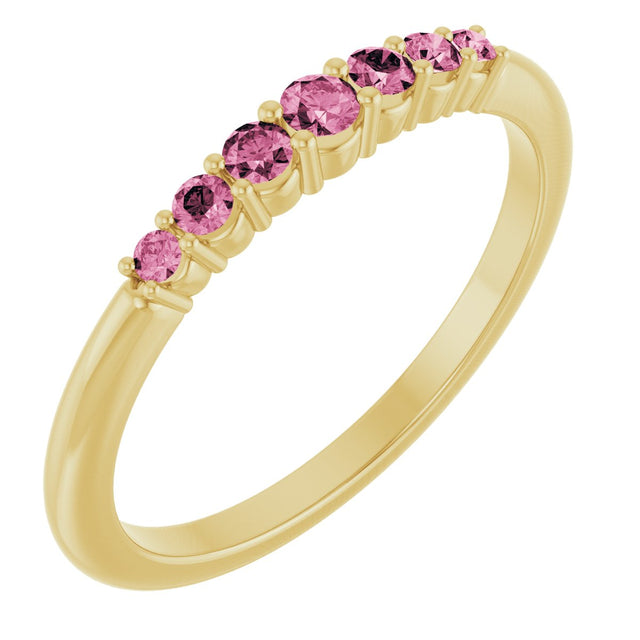 14K Gold Round Natural Pink Tourmaline Accented Stackable Ring – 2.25mm Stones - Yellow Gold