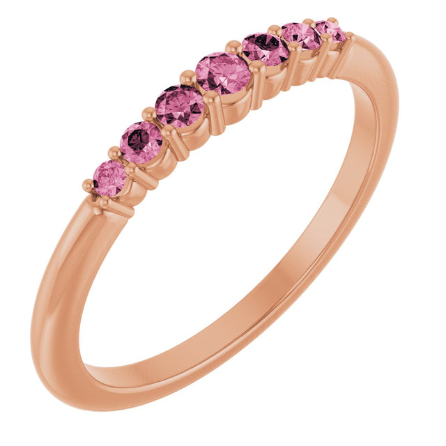 14K Gold Round Natural Pink Tourmaline Accented Stackable Ring – 2.25mm Stones - Rose Gold