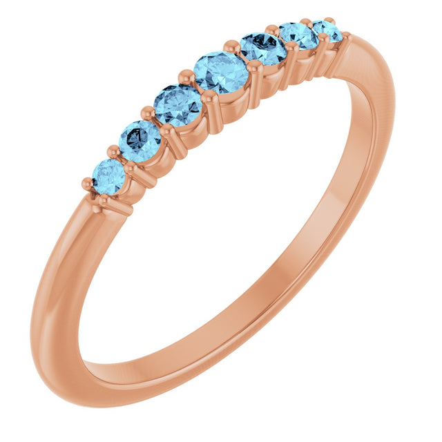 14K Gold Round Natural Aquamarine Accented Stackable Ring – 2.25mm Stones - Rose Gold
