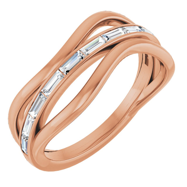 14K Gold Straight Baguette Natural Diamond Accented Freeform Ring - Rose Gold